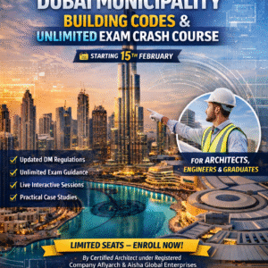 AfiyArch Live – Live training courses for the Dubai Municipality Architect Exam, focusing on guidelines, codes, and real exam practice.